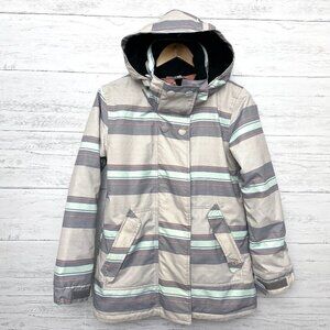 Powder Room Women's Snowboard Jacket Winter Coat Grey Blue Stripe Hood Pockets S